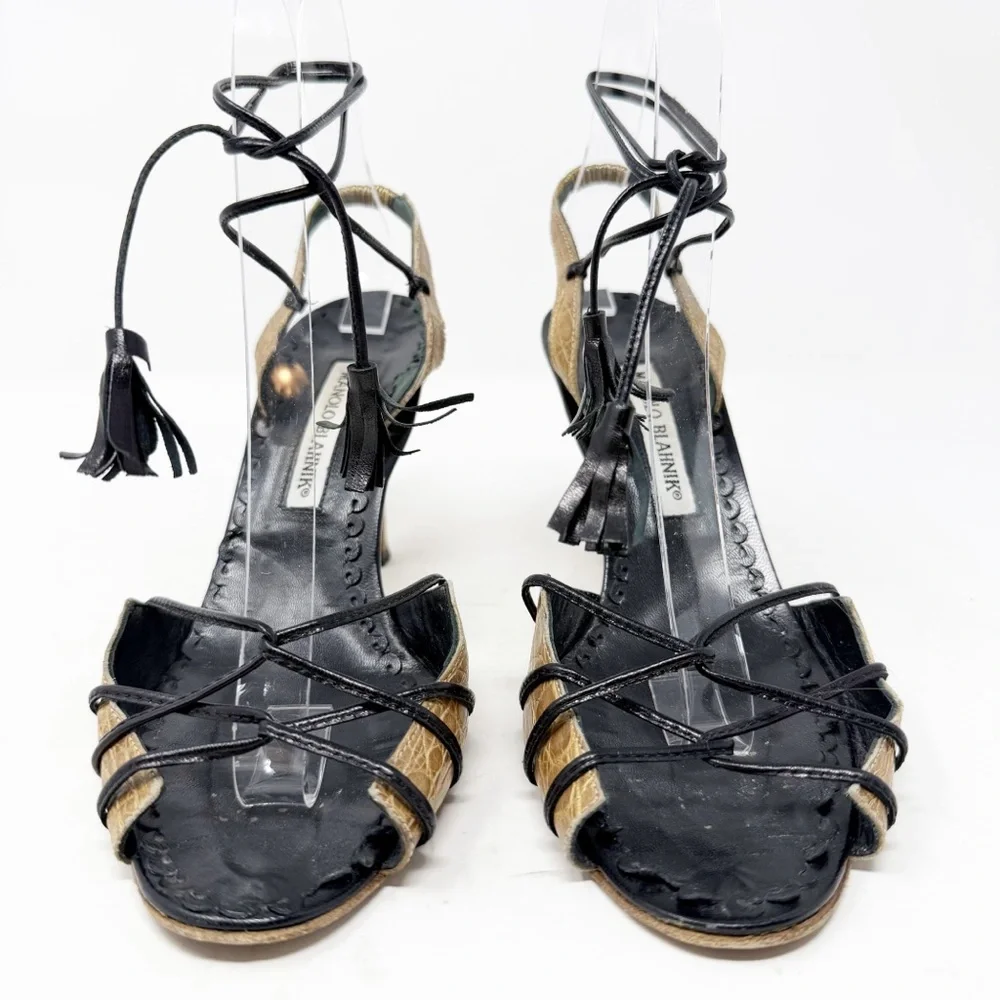 Manolo Blahnik Strappy Lace Up Tassel Heel Sandals Womens Size EU 37